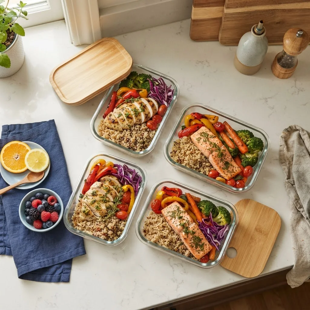 Balanced weekly meal preparation with protein, grains, vegetables, and fruit